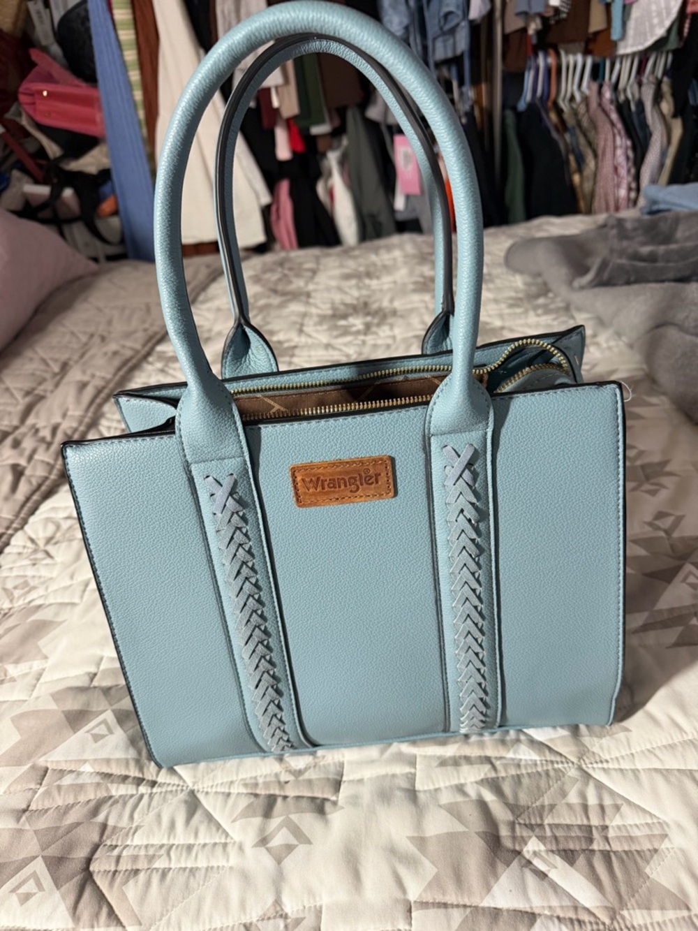 Wrangler Light Blue Structured Tote with Braided Detail